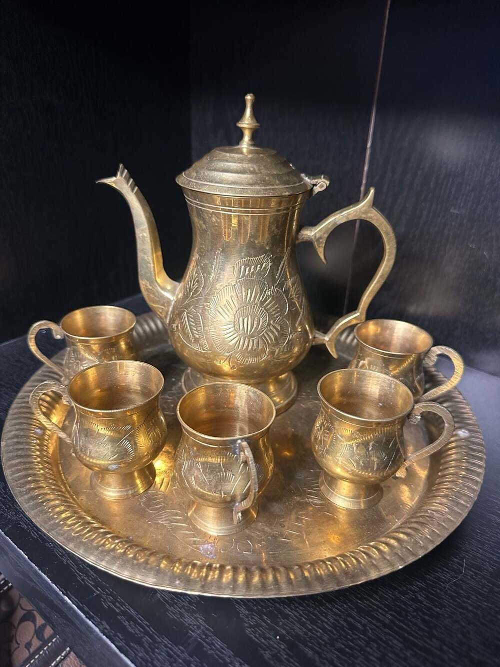 Vintage Hand-Carved Brass Teapot and 5 Cups Serving Set with Tray Made in India